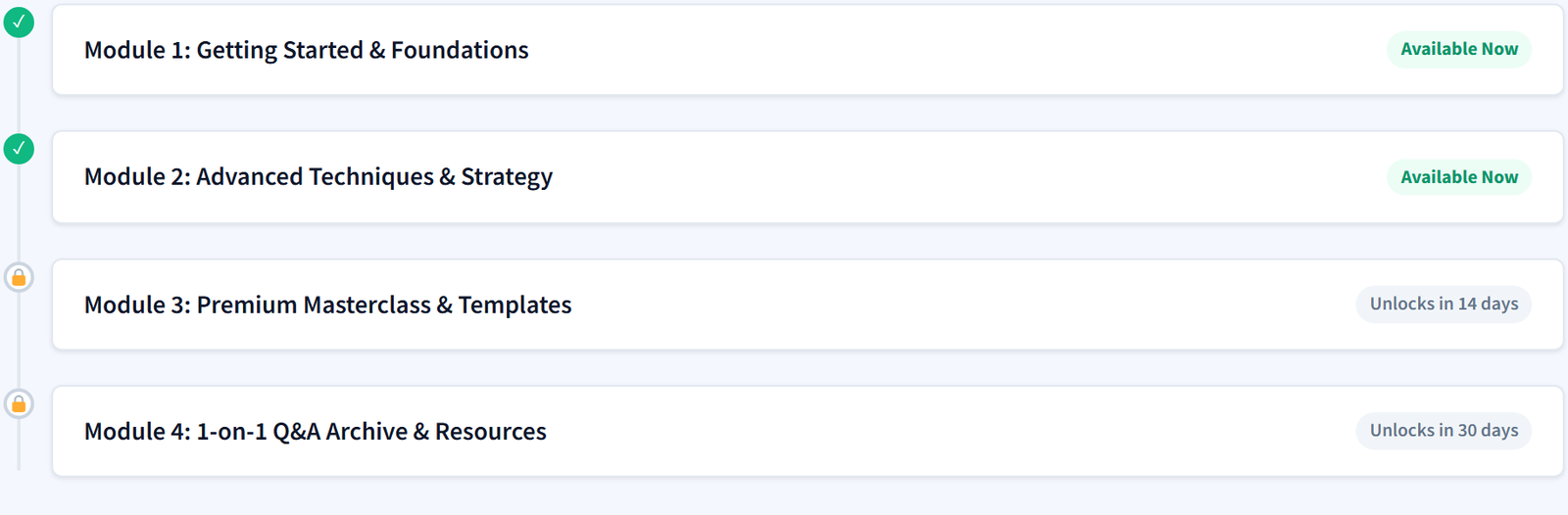 Drip schedule block showing available and upcoming modules
