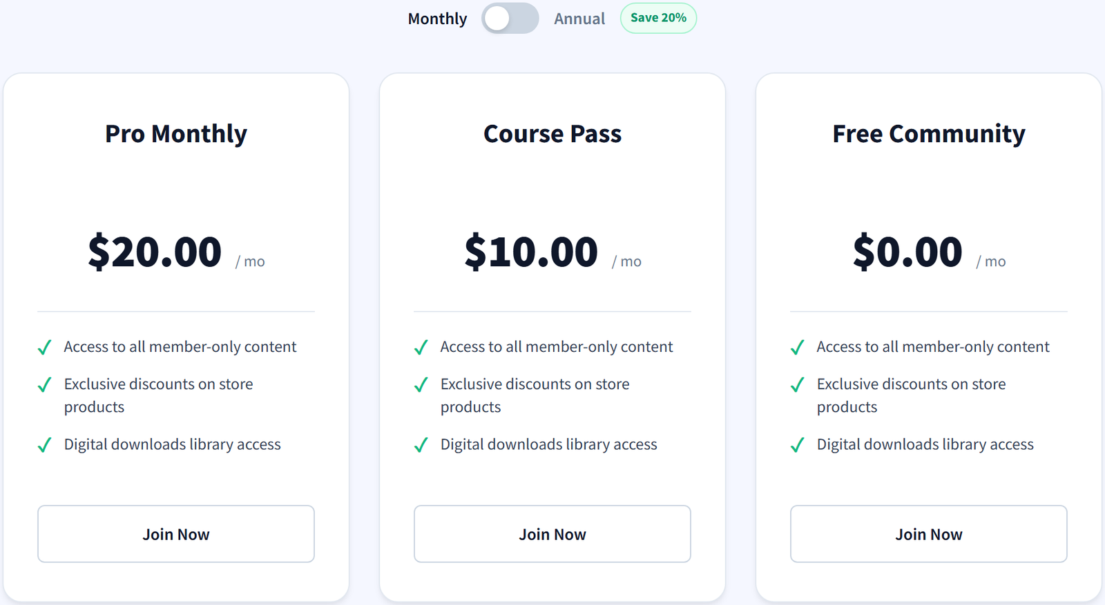 Membership pricing table block with monthly and annual toggle