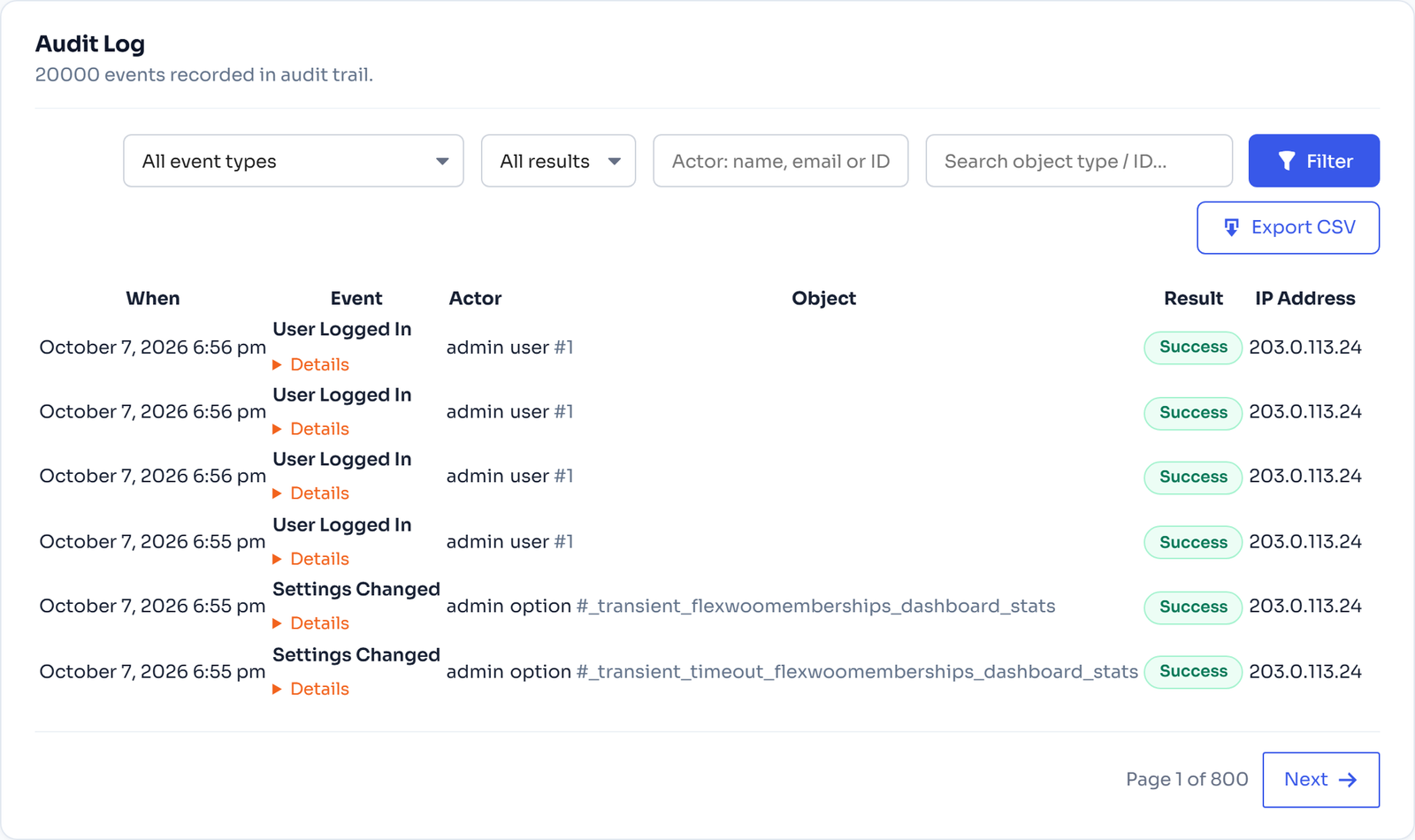 Audit log of logins and membership events