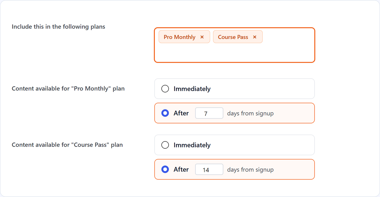 Content available after a number of days from signup, per membership plan