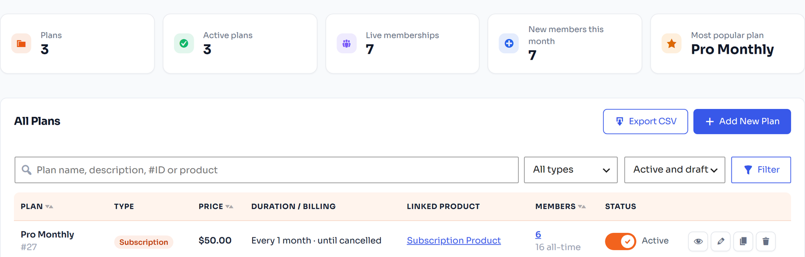 Membership plans list with plan KPIs in FlexWoo Memberships