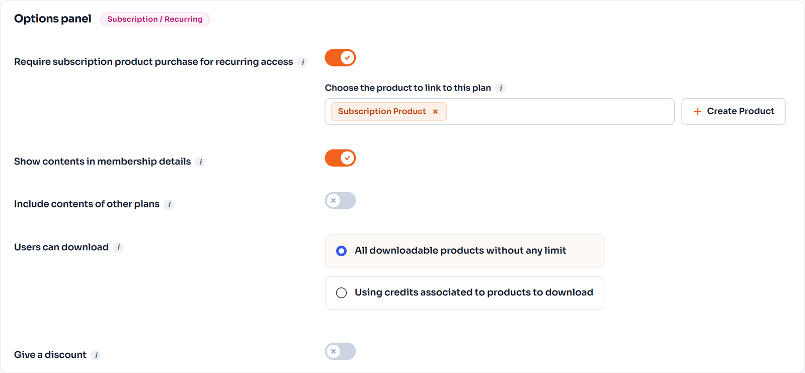 Membership plan options: linked WooCommerce product, downloads and discount