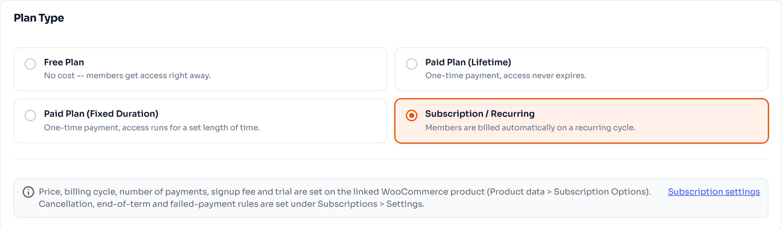 Choosing a membership plan type: free, lifetime, fixed duration or subscription