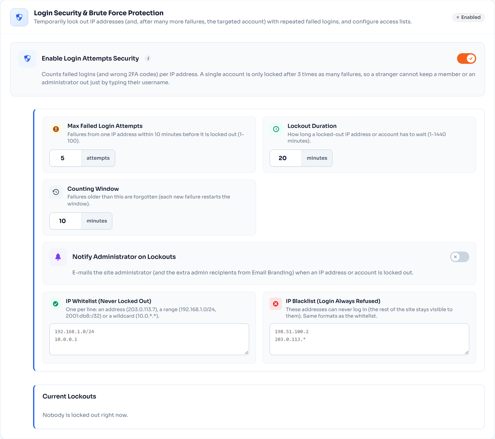 Login security and brute force protection settings with IP whitelist and blacklist