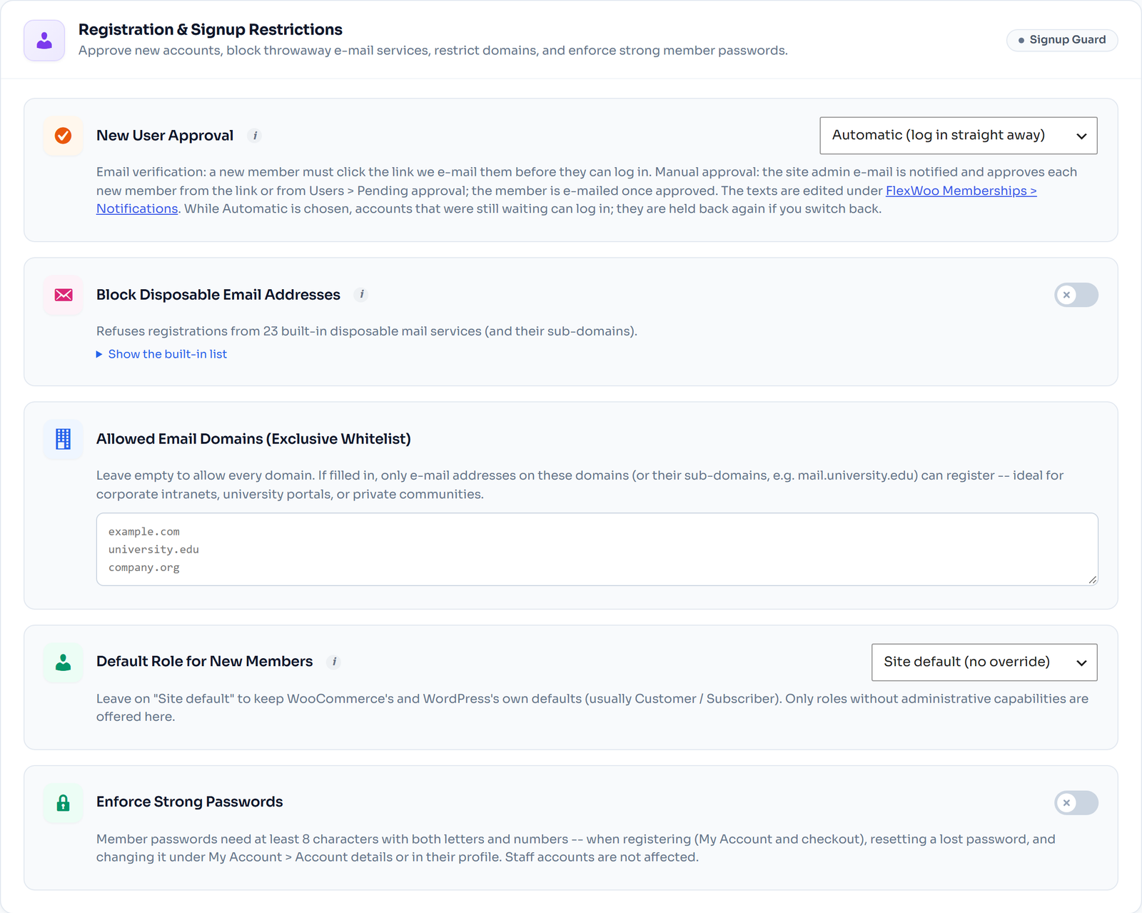 Registration and signup restriction settings in FlexWoo Memberships