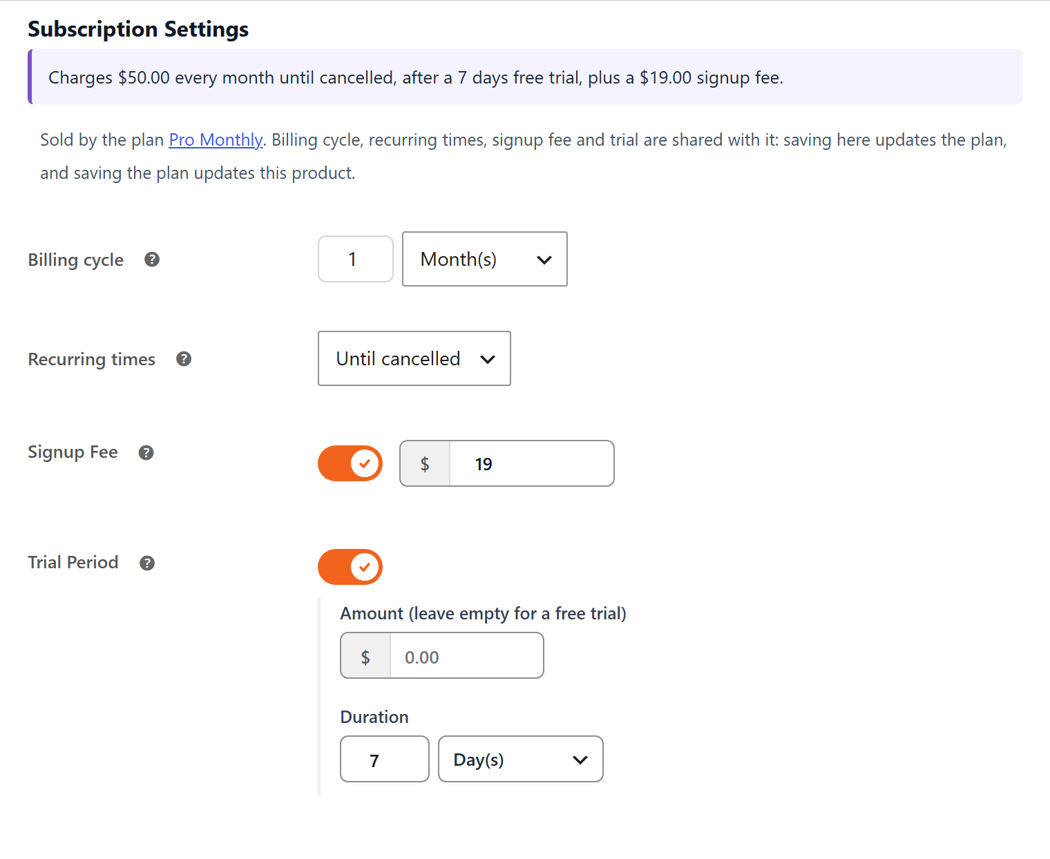 Subscription settings on a WooCommerce product: billing cycle, signup fee and free trial