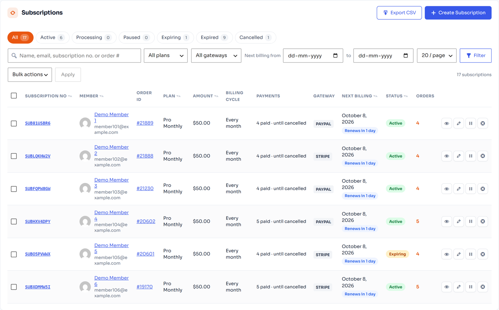 Subscriptions list with status, gateway and next billing date
