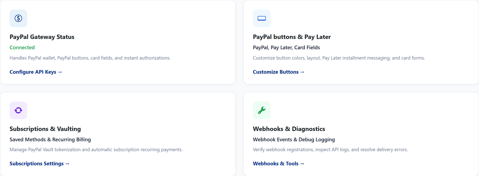 FlexWoo PayPal Payments gateway dashboard