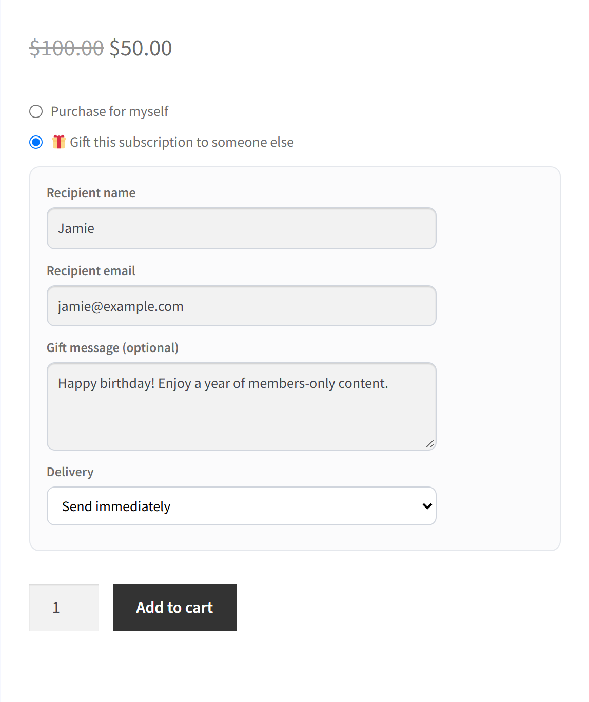 Gift a subscription option on a WooCommerce product page with FlexWoo Memberships