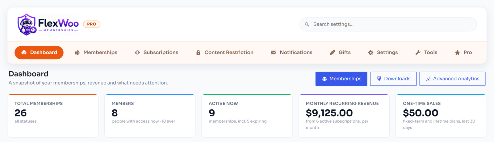 FlexWoo Memberships dashboard with membership and revenue stats