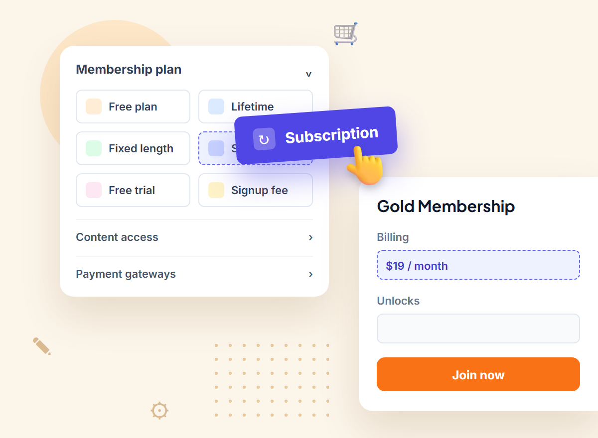FlexWoo Memberships plan builder illustration with a subscription plan